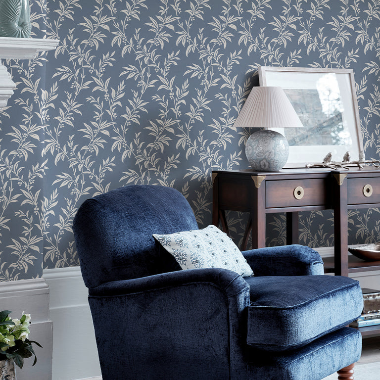 Laura Ashley Paxford Leaves Wallpaper - Floral & Modern Blue Wallcovering