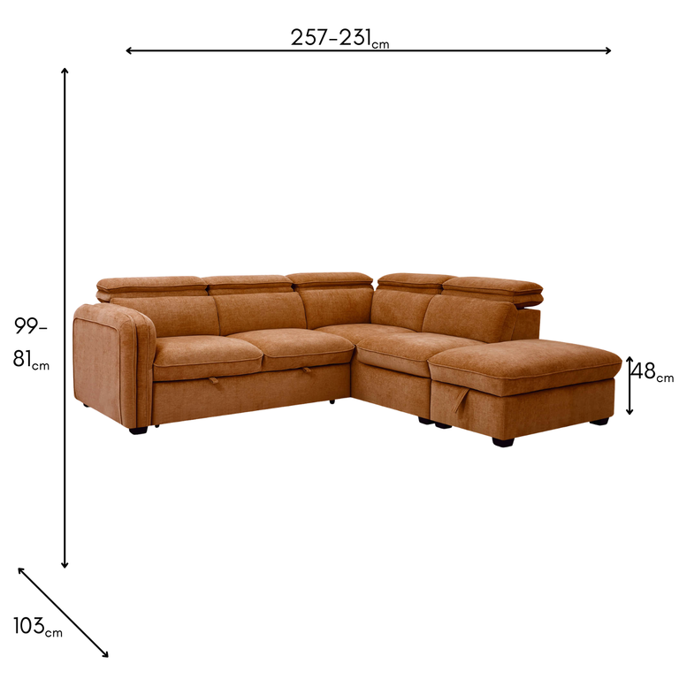Roscoe Corner Sofa Bed RHF Rust - Fabric Corner Couch Collection