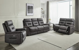 Rowan 2 Seater Sofa Electric Recliner Grey life style photo with armchair and 3-seater sofa