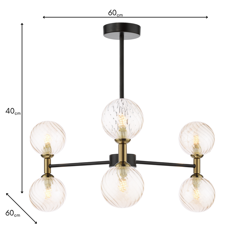 Takara 6 Light Semi-Flush Black and Bronze/Twisted Amber Glass - Lighting