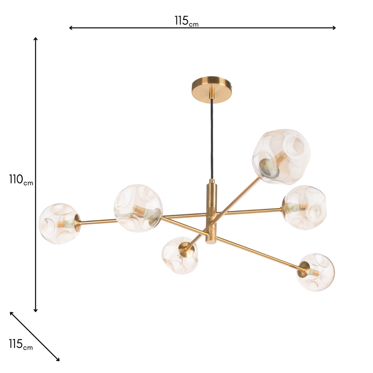 Vignette 6 Light Pendant Aged Brass/Organic Amber Glass - Home Lighting