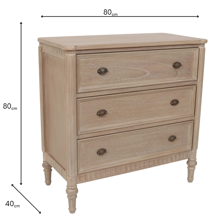 Willow Chest of 3 Drawers Timber Wash - Small Bedroom Dresser