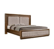 Luxurious Super King Bed Frame with Dark Wood and Beige Fabric Headboard.