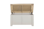 Taupe hardwood blanket box for bedroom storage
