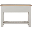 Oak console table with storage and slatted shelves.
