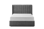 Plush double bed frame in grey with gas lift storage.
