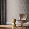 Modern geometric wallpaper with gold detailing and wood grain texture
