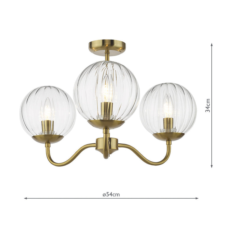 Jocelyn 3 Light Semi Flush Light Natural Brass with Clear Glass Globes – Stylish Ceiling Semi-Flush Lighting Fixture