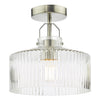 Contemporary semi-flush ceiling light with ribbed glass and satin nickel finish
