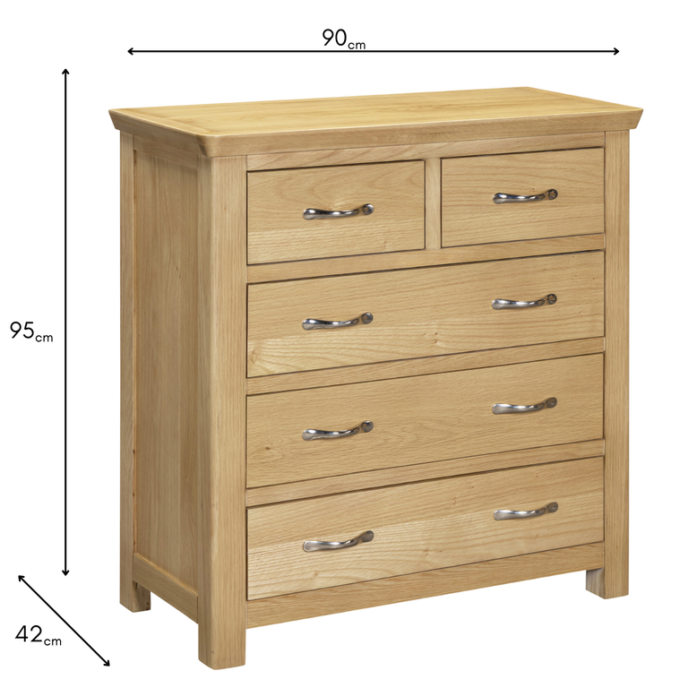 Riverdale Oak 5 Drawer Chest of Drawers - Tall 5 Drawer Bedroom Storage