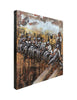 "Rustic wall art with workmen scene in wood and metal"
