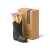 Black ceramic cowboy boot match holder with colourful safety matches