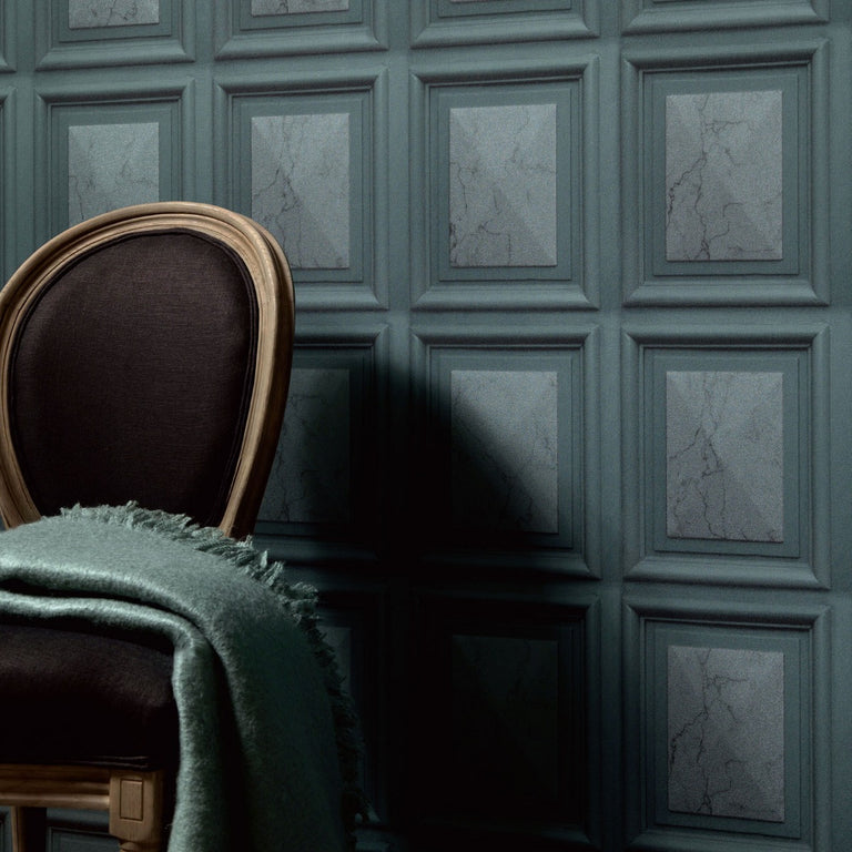 Marble Wood Panel Dark Teal Wallpaper