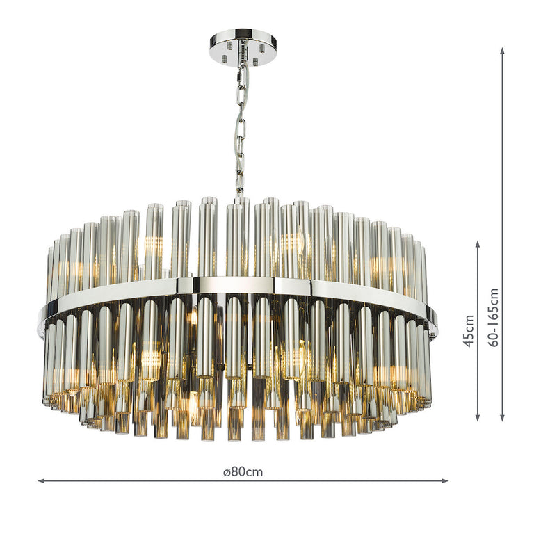 Imani 16 Light Pendant Polished Chrome Ceiling Light with Smoked Glass Rods Shade, Adjustable Hanging Fixture
