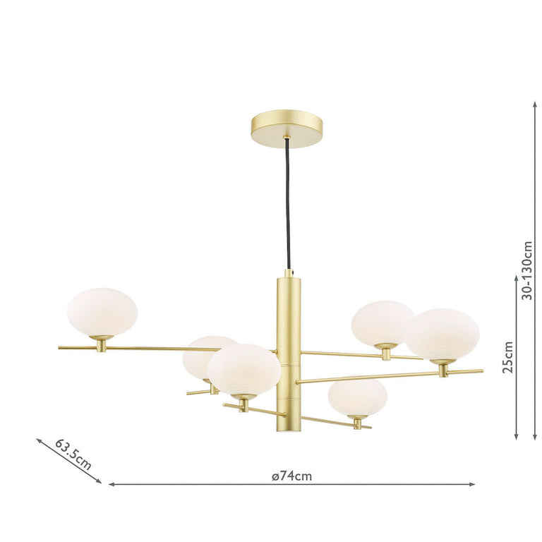 Jasper 6 Light Pendant Satin Gold Ceiling Light, Mid Century Pendant Light with Opal Glass Shades