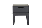 The Luna Bedside Table in Dark Grey, highlighting its compact size and functional features. The table is equipped with a spacious drawer and an open shelf, providing convenient storage options for your bedside essentials.