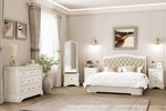 A lifestyle image featuring the Mabel Bed in Bone, King Size, in a beautifully decorated bedroom setting. The bone upholstery adds an air of sophistication, while the upholstered headboard enhances the comfort and style of the bed, creating a luxurious sleeping sanctuary.