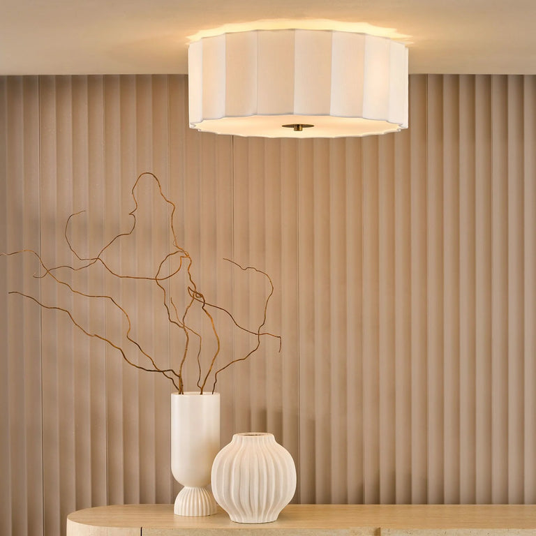 Noura 3 Light Flush Ceiling Lighting with Fabric Shade Ivory & White – Modern Low Profile Lighting for Living Rooms & Bedrooms