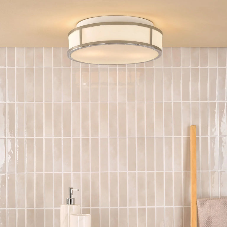 Royce 2 Light Bathroom Flush Ceiling Lighting Polished Chrome with Opal Glass Shade IP44 Rated