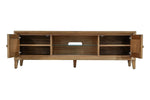 A frontal view of the Solstice TV Unit, highlighting its open doors and the well-organized interior for convenient access to media devices and accessories.