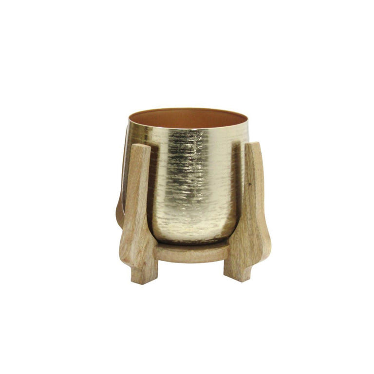 Small Planter Pot – Chandra Gold Planter with Mango Wood Stand