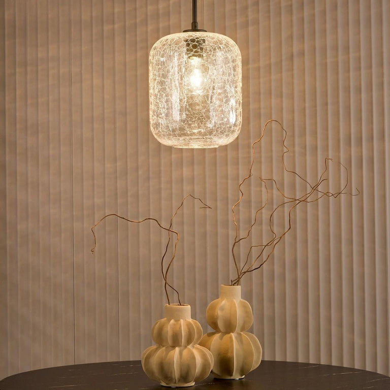 Tavia Pendant Lighting with Crackle Glass Shade Matt Black , Adjustable Height Modern Ceiling Lighting Fixture